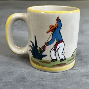 Vintage Coffee Mug Souvenir Mexico Stoneware Tan Yellow Farmer Bnfts Charity
